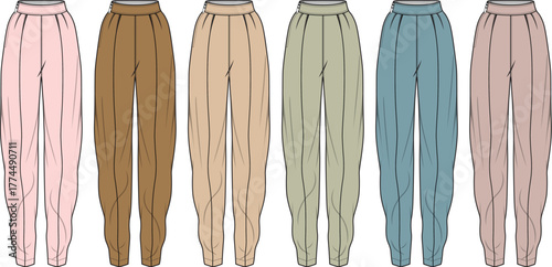 Fashion Illustration of Six Different Colored Pleated Pants with Elastic Waistbands for Design and Style Concepts