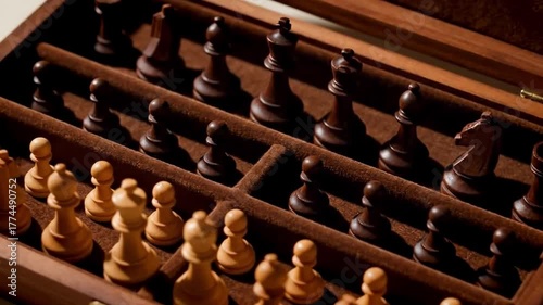 Chess Pieces Organized in Box Storage Collection Display
