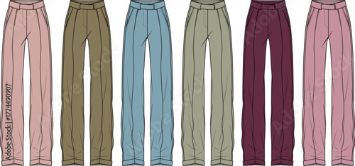 Collection of Stylish Women's High-Waisted, Wide-Leg Trousers in Various Colors and Designs