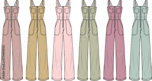 Women's zip-front wide-leg jumpsuit technical fashion illustration set. Apparel design flat sketch template in multiple color variations