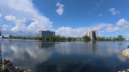 Calm lake view from the shoreline
