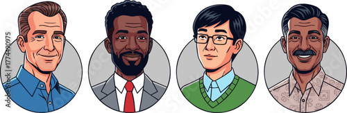 Create a kinds of deferent Middle-aged man character icon vector art with white background.