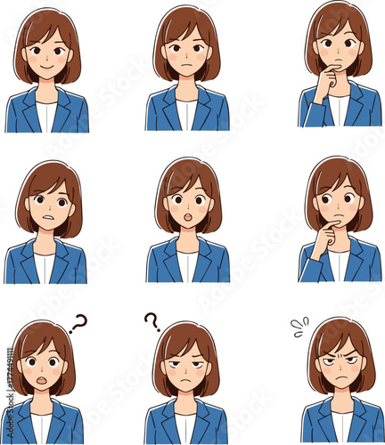 Create a kinds of deferent Simple facial expression illustration set of a young business woman vector art with white background..