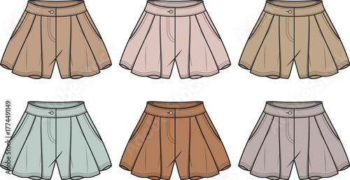 A collection of women's pleated shorts in various pastel and earth tones. Flat vector technical sketch illustration set for fashion apparel design templates and clothing mockups