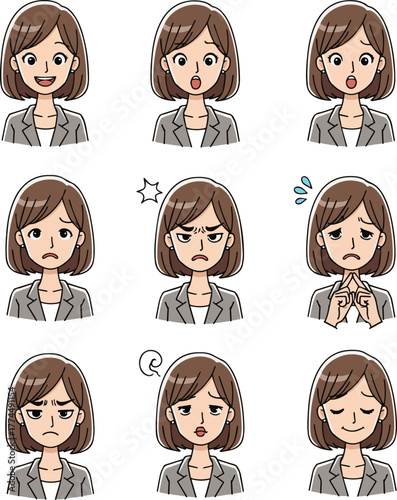Create a kinds of deferent Simple facial expression illustration set of a young business woman vector art with white background..