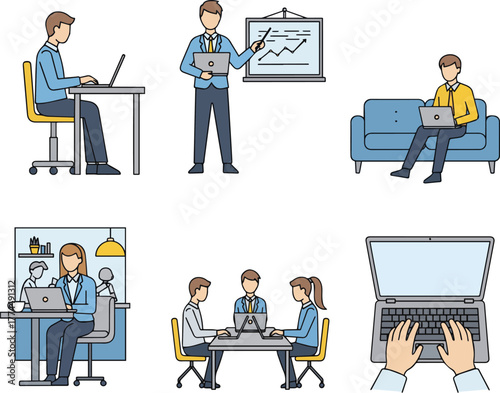 Create a kinds of deferent Simple vector icon illustration set of a business person working on a laptop vector art with white background..