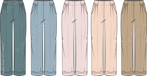 A colorful collection of women's pleated straight-leg trousers with cuffs, isolated vector fashion flat sketches for apparel design
