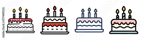 Four birthday cakes with lit candles celebration party dessert set