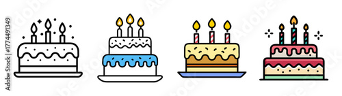 Four cartoon birthday cakes with lit candles and confetti celebration