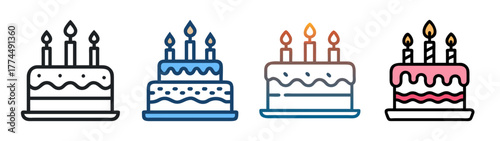 Set of birthday cakes with lit candles and colorful frosting designs
