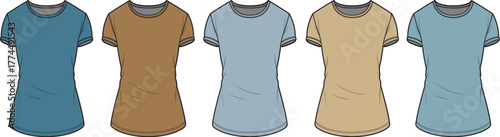 Collection of five plain t-shirts in various colors blue, brown, light blue, and beige, with short sleeves and crew necks