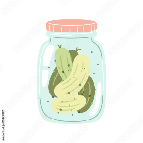 Jar of pickles with cucumbers in brine on white background  