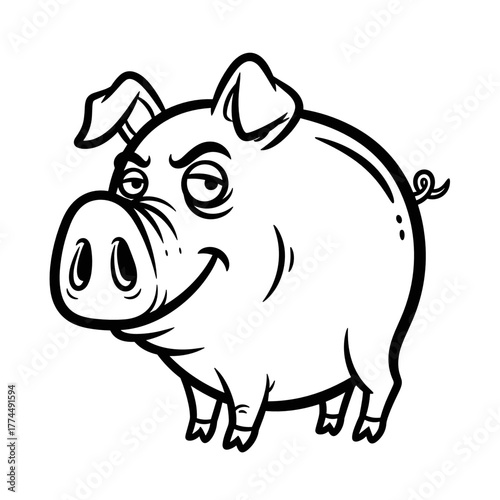 Cartoon pig smiling in a playful pose with simple lines  