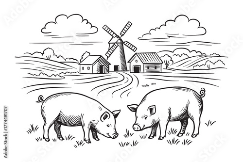 Hand-drawn farm scene vector featuring pigs and windmills in detailed sketch style, perfect for agriculture design or countryside illustration.