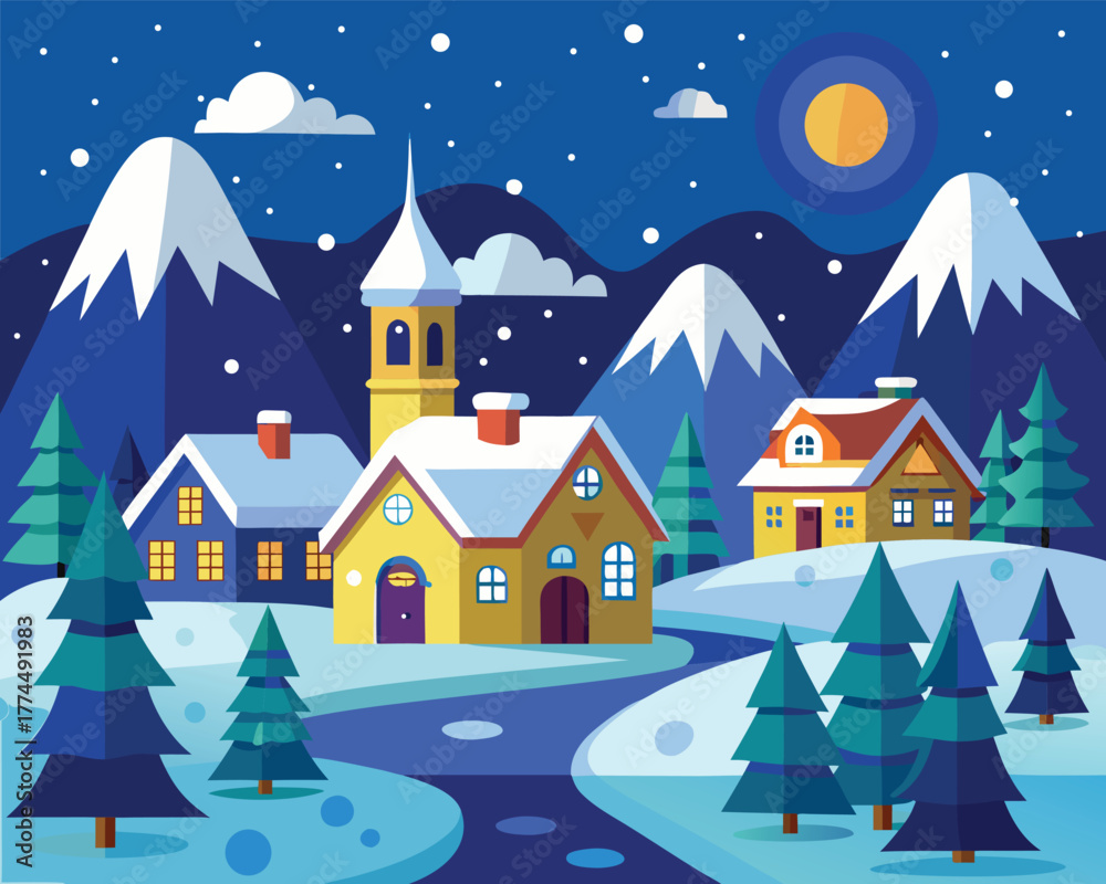 Naklejka premium Winter Snowy Village Night Scene Vector