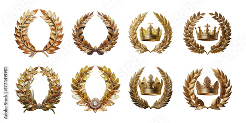 Elegant Golden Laurel Wreaths and Crowns Collection, set collection, mega bundle, isolated on transparent background