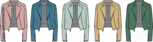 Fashion concept illustration showcasing a diverse collection of women's short jackets in an array of soft pastel and earthy colors, perfect for modern apparel design and wardrobe planning
