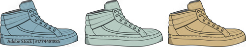 Set of fashionable high-top sneakers in various colors. Isolated vector illustration of casual footwear for lifestyle and design