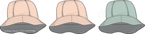 Vector illustration set of bucket hat fashion flat sketches. Headwear mockups in various pastel colorways for apparel design and tech packs