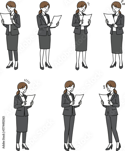 Create a kinds of deferent simple vector illustration of a woman in a suit surprised at a document vector art with white background..