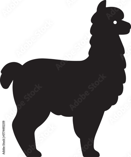 Alpaca silhouette with fluffy outline and small head, stylized bold farm animal vector.