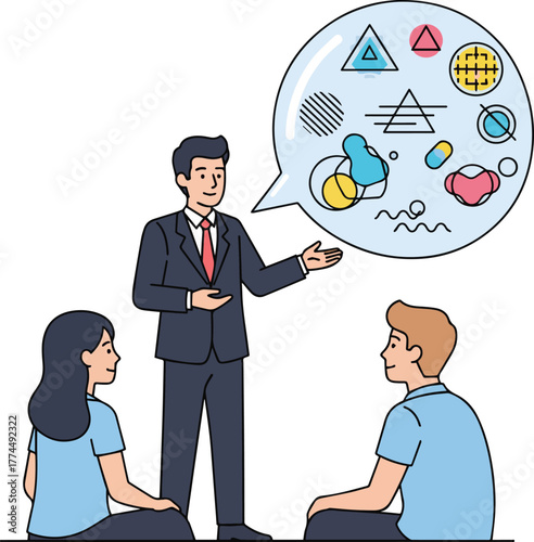 Create a kinds of deferent simple vector illustration of a young couple consulting with a man in a suit explaining vector art with white background.