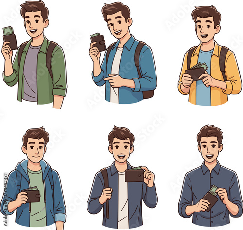 Create a kinds of deferent simple vector illustration of a young man in casual clothes smiling and holding a wallet vector art with white background