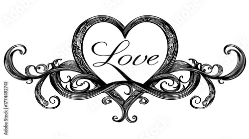 Sophisticated Vector Graphic Merging Ornate Love Heart and Infinity Emblem with Decorative Calligraphy for Timeless Romantic Prints