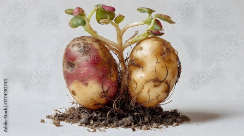 Imaginative Photorealistic Vision of an Oddly Fused Organic Potato Pair from a Home Garden Illustrating the Neglected Theme of Unsellable Produce and Food Waste