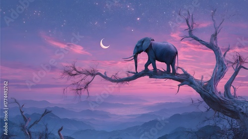 A Majestic Elephant Perched on a Withered Tree Branch in a Dreamlike Twilight Landscape with Ethereal Magic and Grace