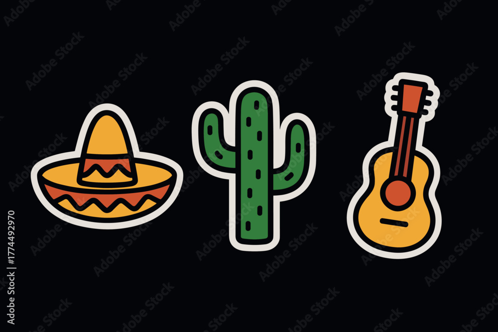 Fototapeta premium Bright mexican icons sombrero, cactus, and guitar on black background