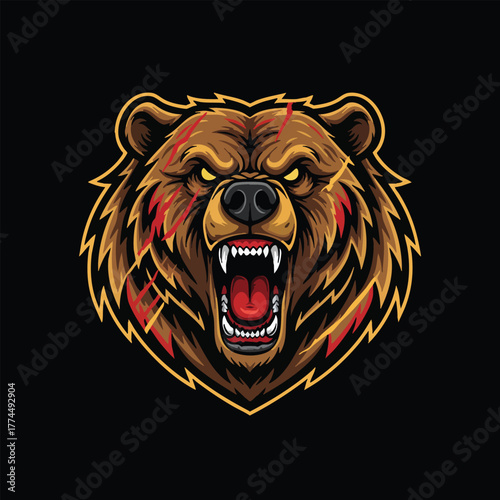 Dynamic vector illustration of an aggressive grizzly bear head, roaring fiercely with bared teeth and battle scars, embodying raw power, untamed wildness, and a fearless spirit