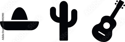 Mexican culture icons sombrero, cactus, guitar in black silhouette style on textured background