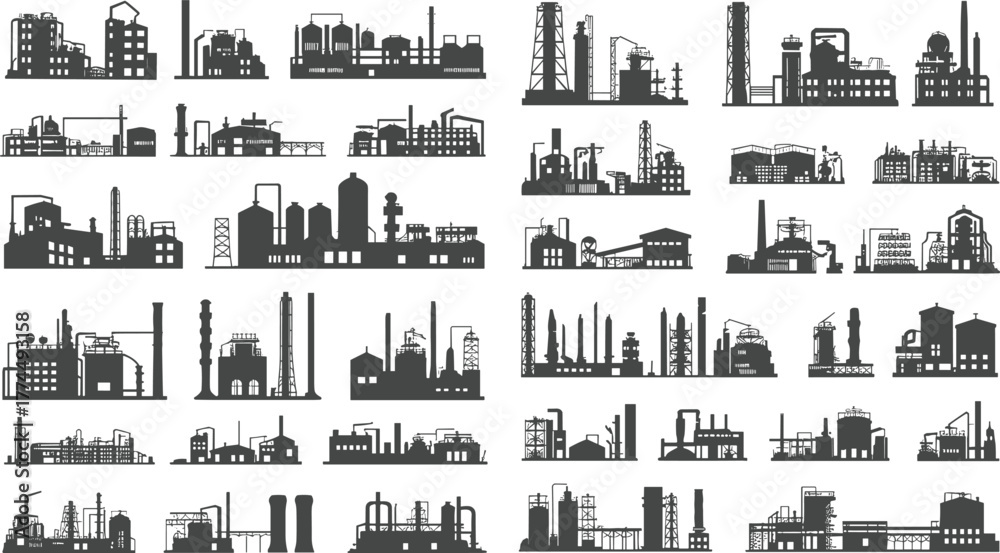 Obraz premium Industrial factory silhouettes, black icons, refinery buildings, power plants, chemical structures, manufacturing units, urban industry, cooling towers, chimneys, piping systems