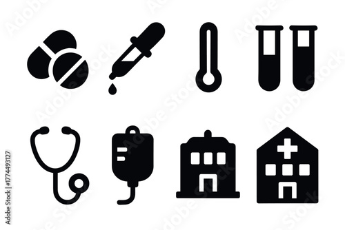 Healthcare icons set pills, dropper, thermometer, test tubes, and medical facilities