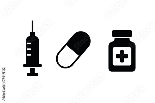Medical icons syringe, capsule, and medicine bottle in black silhouette