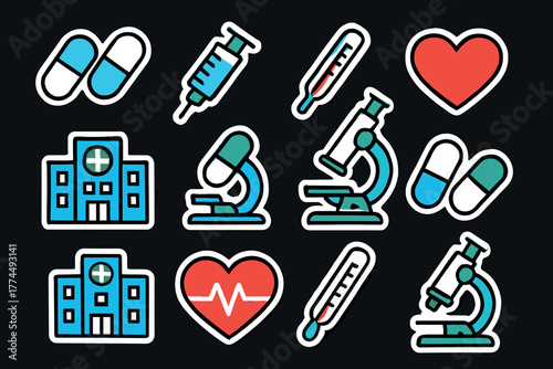 Colorful healthcare stickers medical icons, heartbeat, and microscope on dark background