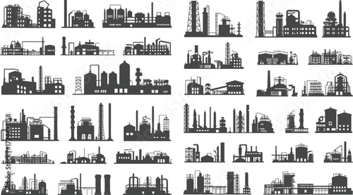Industrial factory silhouettes, black icons, refinery buildings, power plants, chemical structures, manufacturing units, urban industry, cooling towers, chimneys, piping systems