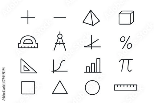 Mathematics icon set featuring linear geometric shapes and symbols