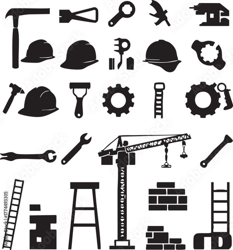 Construction and Industrial Tools and Equipment Silhouettes