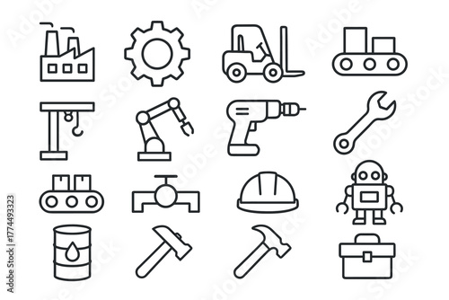 Industrial icon set featuring linear factory, equipment, and tools
