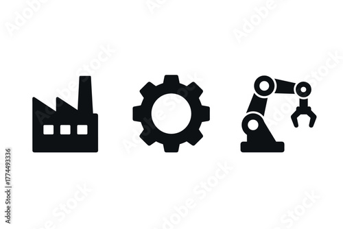 Silhouette icons of factory, gear, and robotic arm for industry themes