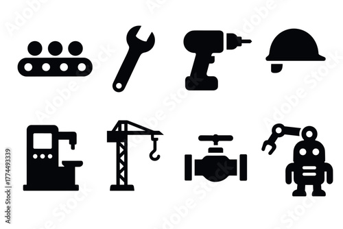 Industrial equipment silhouettes wrench, drill, hard hat, and more