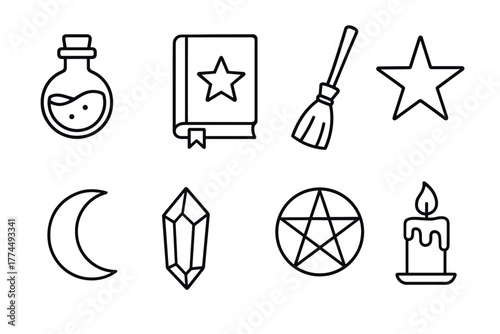 Witchcraft icons collection potions, books, broomsticks, and more in linear style