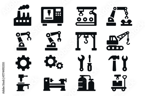 Industrial equipment icons set machinery and tools black silhouettes for manufacturing design