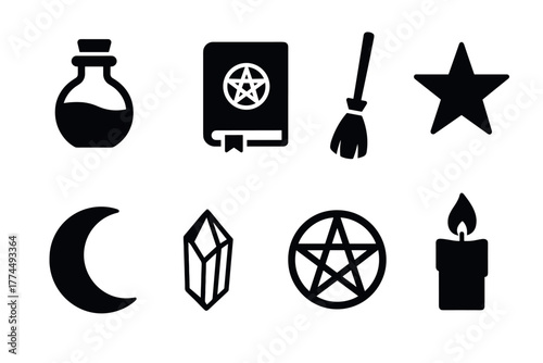 Magical icons set potion, spellbook, broomstick and more in bold silhouette style