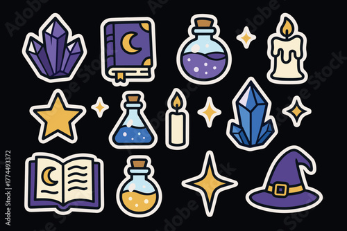 Magical objects collection crystals, potions, stars, and witch hat in cute sticker style