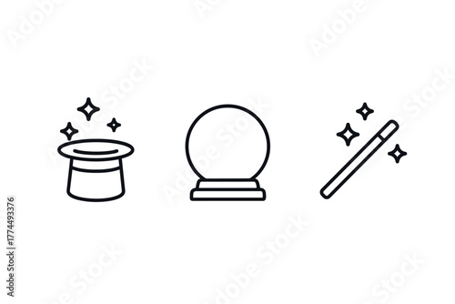 Magic icons hat, crystal ball, and wand with sparkles in linear style