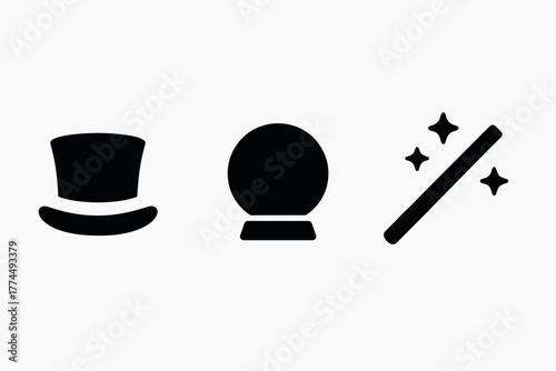 Magic symbols set hat, crystal ball, and wand in simple silhouette style