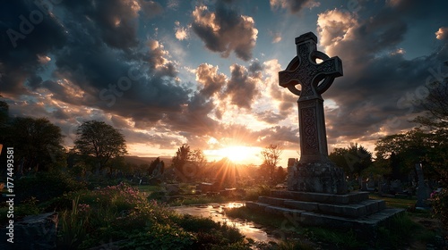 Majestic stone cross silhouetted against a breathtaking sunset, with a sunburst through its center casting a golden glow across a dramatic sky.